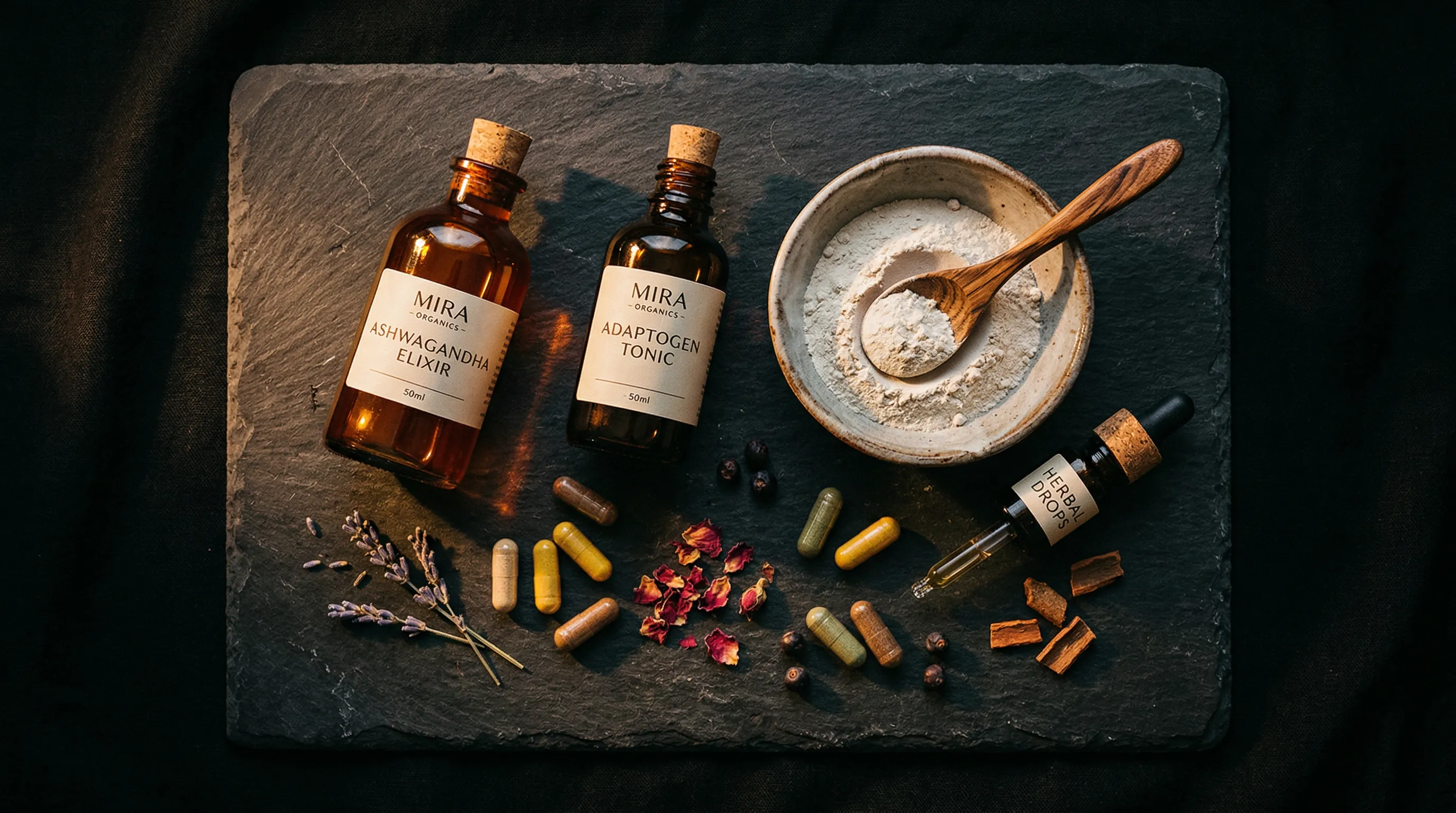 Supplement flat lay on dark slate with warm directional lighting